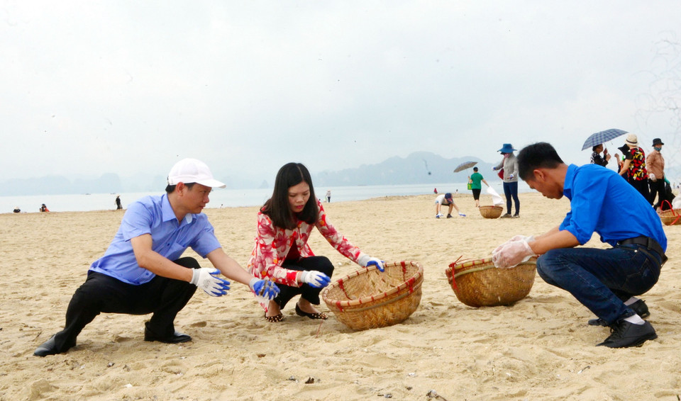 Đông đảo người dân thành phố Hạ Long tham gia dọn sạch môi trường biển. (Nguồn: Văn Đức - TTXVN)