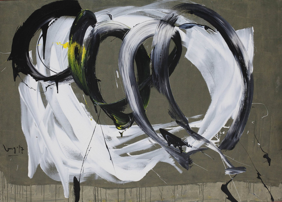 Bức ''Trừu tượng 3,'' chất liệu Arcylic của Nguyễn Tất Long, kích thước 70x240cm. Giá khởi điểm 10 triệu đồng. Bước giá 1 triệu đồng.