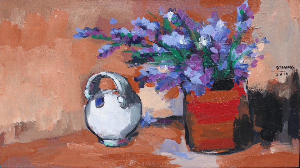 Tĩnh vật Sơn dầu của Nguyễn Quốc Thắng, kích thước 40x70cm. Giá khởi điểm 5 triệu đồng. Bước giá 1 triệu đồng.