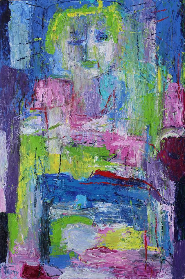 Bức sơn dầu ''Thiên thần 1'' của Lê Thị Minh Tâm, kích thước 100x150cm. Giá khởi điểm 10 triệu đồng. Bước giá 1 triệu đồng. 