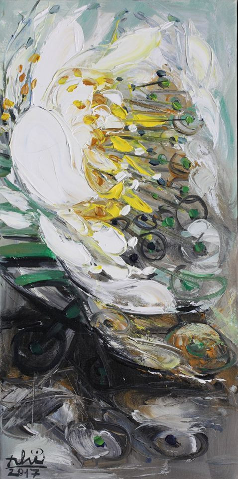 Bức sơn dầu ''Hoa sen 1'' của Bình Nhi, kích thước 40x80cm. Giá khởi điểm 5 triệu đồng. Bước giá 1 triệu đồng.