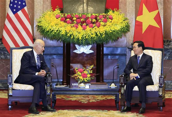 Trưa 11/9/2023, tại Phủ Chủ tịch, Chủ tịch nước Võ Văn Thưởng tiếp Tổng thống Hoa Kỳ Joe Biden đang có chuyến thăm cấp Nhà nước tới Việt Nam trong 2 ngày 10 -11/9/2023.( Ảnh: Thống Nhất/TTXVN)