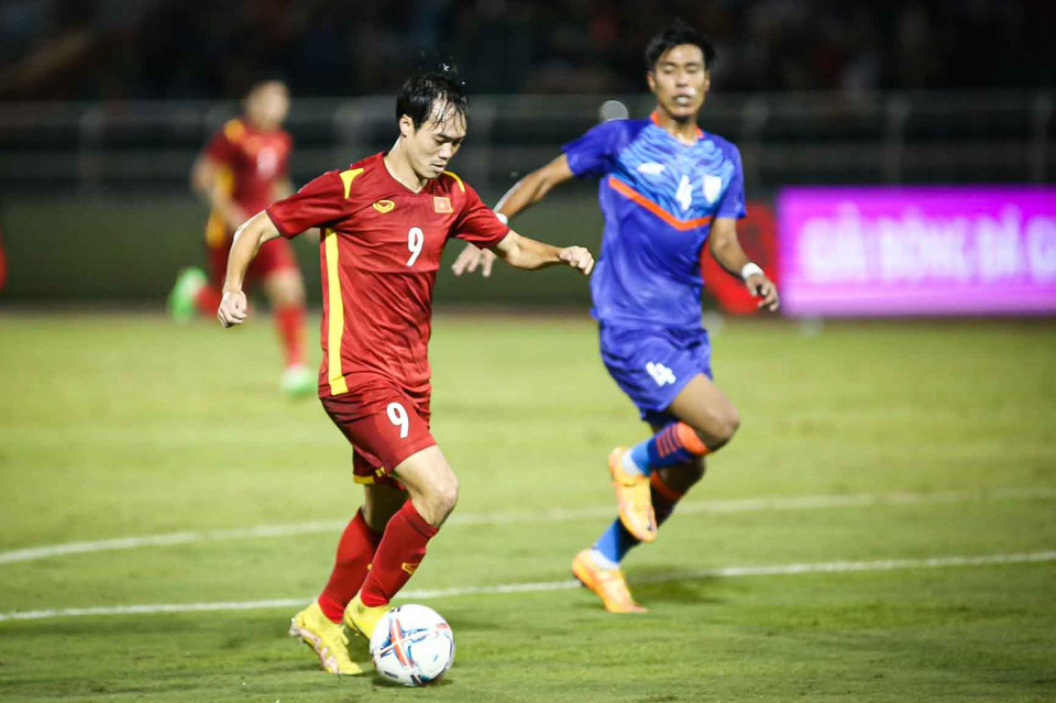 Tiền đạo Văn Toàn ghi bàn trở lại cho đội tuyển Việt Nam trong chiến thắng 3-0 trước Ấn Độ khi được tung vào sân ở hiệp hai. (Ảnh: PV/Vietnam+)