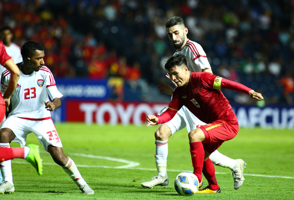 Phút 63, Quang Hải xử lý bóng hay trong vòng cấm để căng ngang thuận lợi cho Hoàng Đức dứt điểm cận thành. (Ảnh: Nguyên An/Vietnam+)