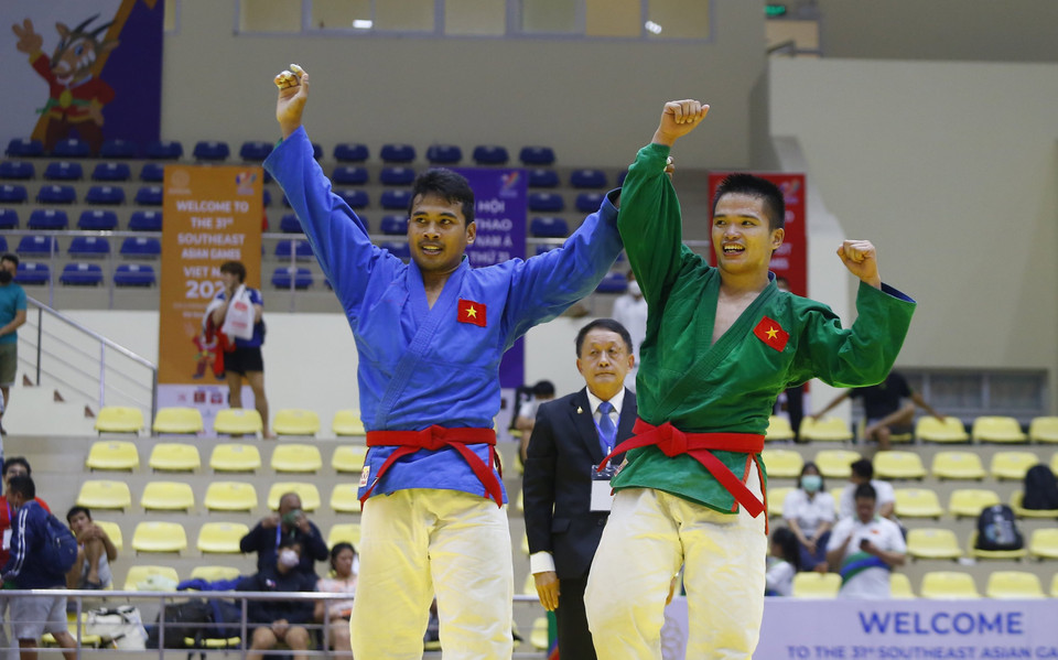 Cuối cùng, vận động viên Trần Thương khép lại ngày thi đấu thành công cho Đội tuyển Kurash Việt Nam bằng tấm huy chương vàng ở nội dung 90kg. (Ảnh: PV/Vietnam+)