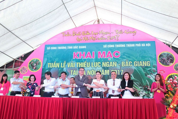 Các đơn vị đầu mối ký cam kết tiêu thụ sản phẩm vải thiều Lục Ngạn tại buổi khai mạc Tuần lễ vải thiều Lục Ngạn năm 2017. (Ảnh: Thanh Tâm/Vietnam+)./.