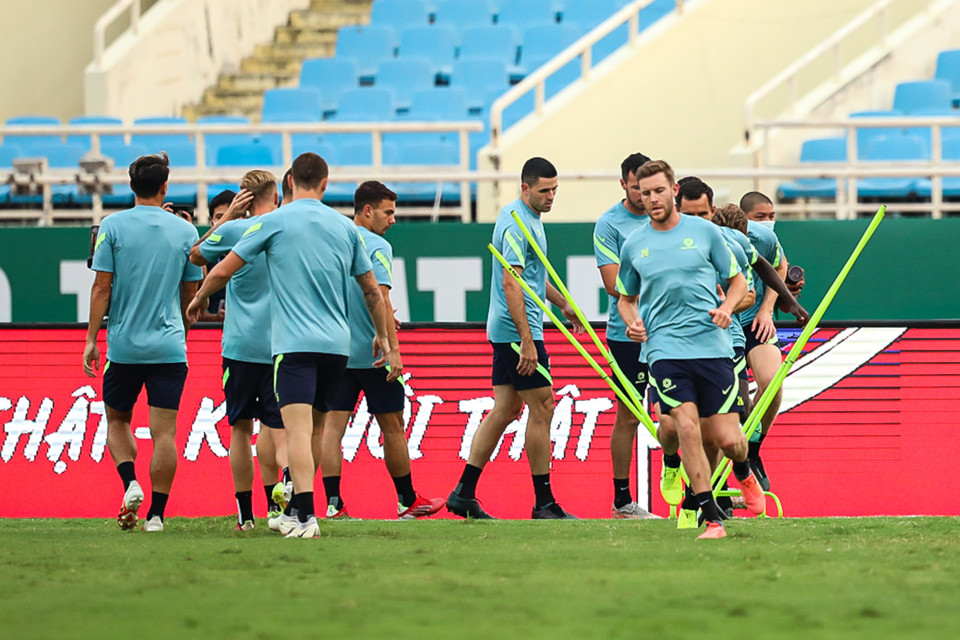 Tối nay (6/9), đội tuyển Australia đã có buổi tập chính thức trên sân Mỹ Đình nhằm chuẩn bị cho trận đấu với tuyển Việt Nam. (Ảnh: PV/Vietnam+)