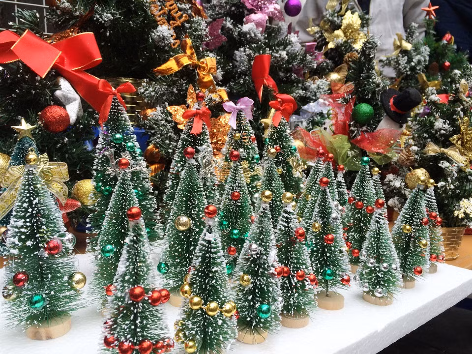 Các cây thông Noel xinh xắn để bàn có giá chỉ từ 15.000-30.000 đồng/cây. (Ảnh: Thanh Tâm/Vietnam+)