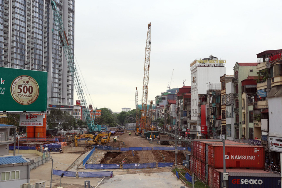 Ga ngầm S9 (ga Kim Mã) đang trong giai đoạn thi công. (Ảnh: Huy Hùng/TTXVN)