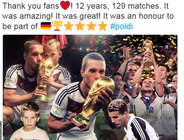 Podolski đã thông báo về Instagram cũng như tài khoản Twitter về việc chia tay đội tuyển 