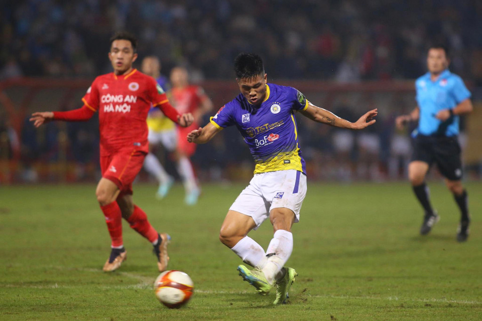 Hà Nội FC vượt qua Công an Hà Nội và giành chiến thắng đầu tiên ở V-League 2023. (Ảnh: PV/Vietnam+)