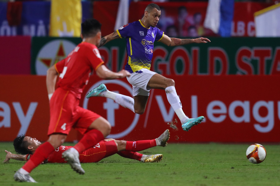 Bàn thắng này mở ra thế trận chủ động cho Hà Nội FC, qua đó tạo tiền đề cho bàn thắng ở phút 82. (Ảnh: PV/Vietnam+)