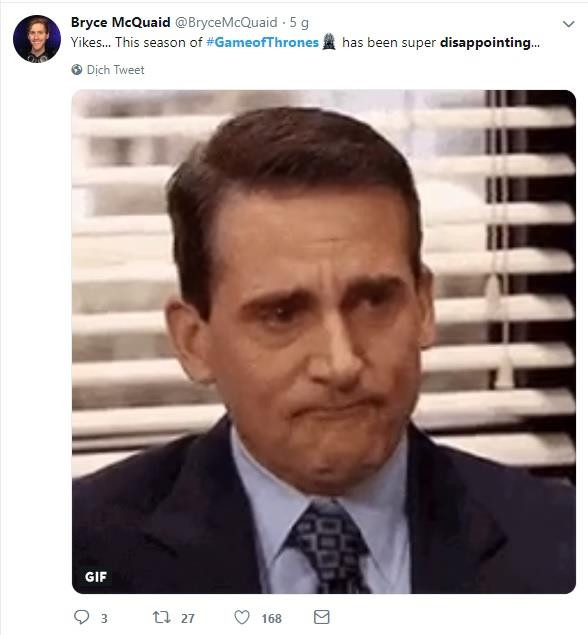 Bryce McQuaid: "Hỡi ôi, Game of Thrones mùa này thật quá đỗi thất vọng." (Nguồn: Twitter)