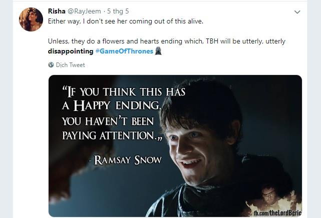 Risha (nhắc lại lời nhân vật Ramsey): "Nếu bạn nghĩ có một kết thúc có hậu, hẳn bạn chưa hề chú tâm rồi..." (Nguồn: Twitter) 
