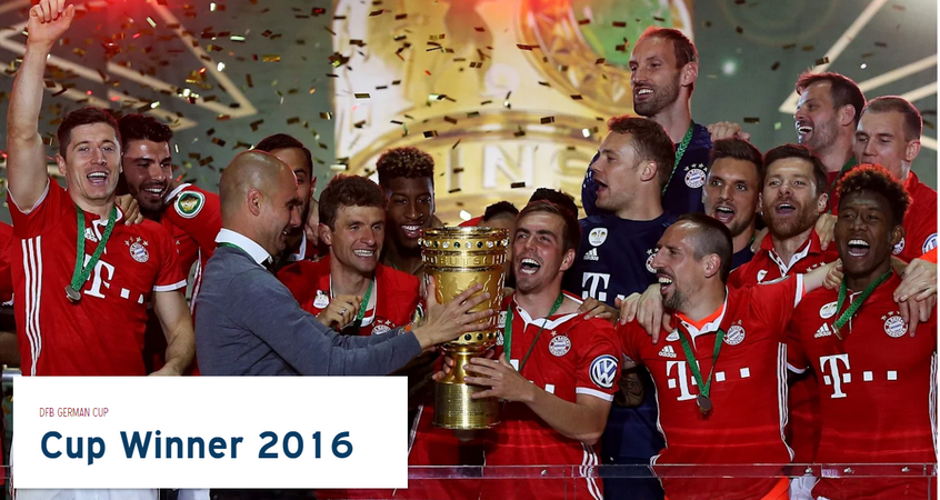 Chiến thắng thứ 18 của Bayern trong số 21 lần lọt vào chung kết DFB Cup. Cuộc đối đầu thứ 9 của Bayern tại DFB Cup với đại kình Bvb Dortmund (trận chung kết thứ 4), Bayern thắng 3(2008, 2014,2016), BvB thắng năm 2012 với tỷ số 5-2. Trận đấu diễn ra ngày 21/5/2016, Bayern thắng luân lưu 4-3, sau 120 phút thi đấu không có bàn thắng. Ghi bàn: Vidal, Lewandowski, Müller, Dougla (Kimmich đá hỏng). Nguồn: Fcb.de