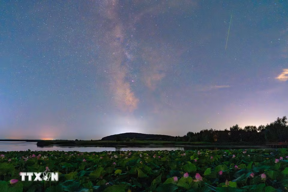 Mưa sao băng Perseid trên bầu trời tỉnh Hắc Long Giang, Trung Quốc, ngày 11/8/2026. (Ảnh: THX/TTXVN phát)
