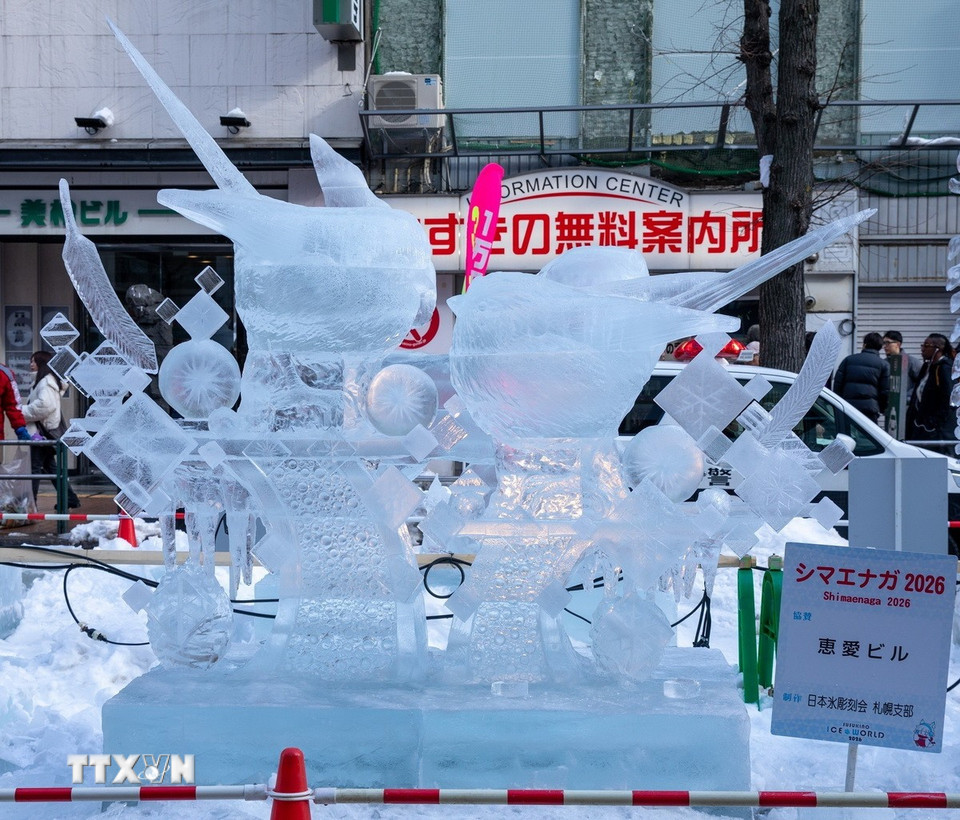 Tác phẩm điêu khắc băng loài chim Shimaenaga- biểu tượng mùa Đông của Hokkaido. (Ảnh: Xuân Giao/TTXVN)