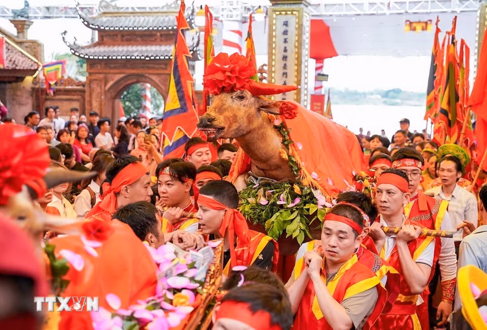 Dâng lễ "Tam sinh". (Ảnh: Khánh Hoà/TTXVN)