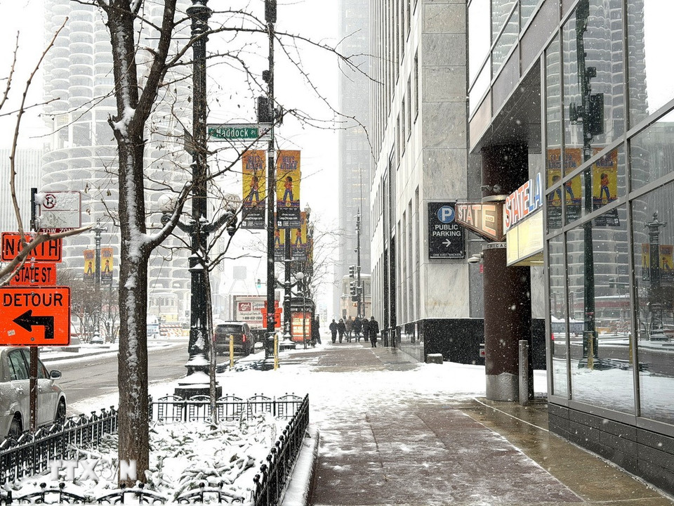 Từng bông tuyết nhẹ nhàng lơ lửng trong không trung, phủ lên các con phố, tạo nên một khung cảnh yên bình và tĩnh lặng. (Ảnh: Ngọc Quang/TTXVN)