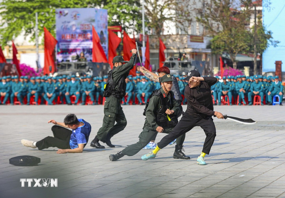 Màn trình diễn võ thuật của lực lượng Cảnh sát Cơ động tại Lễ ra quân huấn luyện. (Ảnh: Xuân Tư/TTXVN)