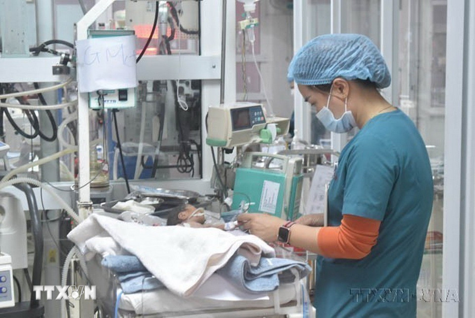 Bác sỹ và nhân viên y tế Khoa Hồi sức Cấp cứu Nhi và Nhi sơ sinh, Bệnh viện Đa khoa vùng Tây Nguyên miệt mài, ngày đêm chăm sóc, điều trị cho những bệnh nhi sơ sinh (2/2024). (Ảnh: Nguyên Dung/TTXVN)