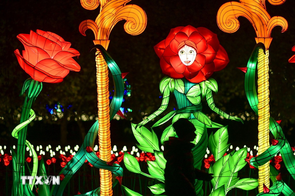 Tác phẩm nghệ thuật được trưng bày tại triển lãm ánh sáng ở Vacsava, Ba Lan, ngày 25/10/2025. (Ảnh: THX/TTXVN)