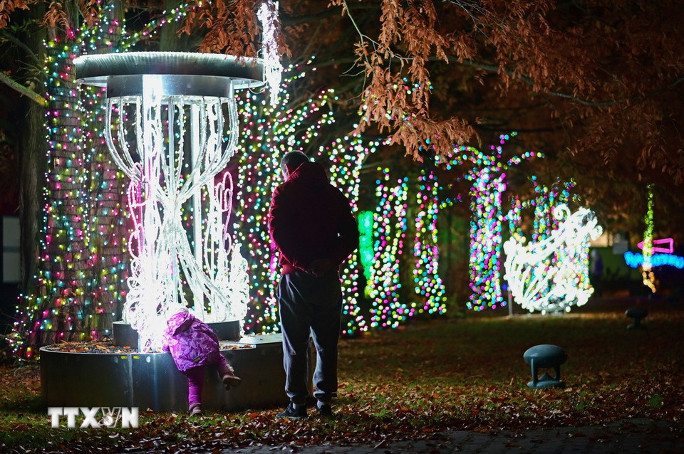 Tác phẩm nghệ thuật được trưng bày tại triển lãm ánh sáng ở Vacsava, Ba Lan, ngày 25/10/2025. (Ảnh: THX/TTXVN)