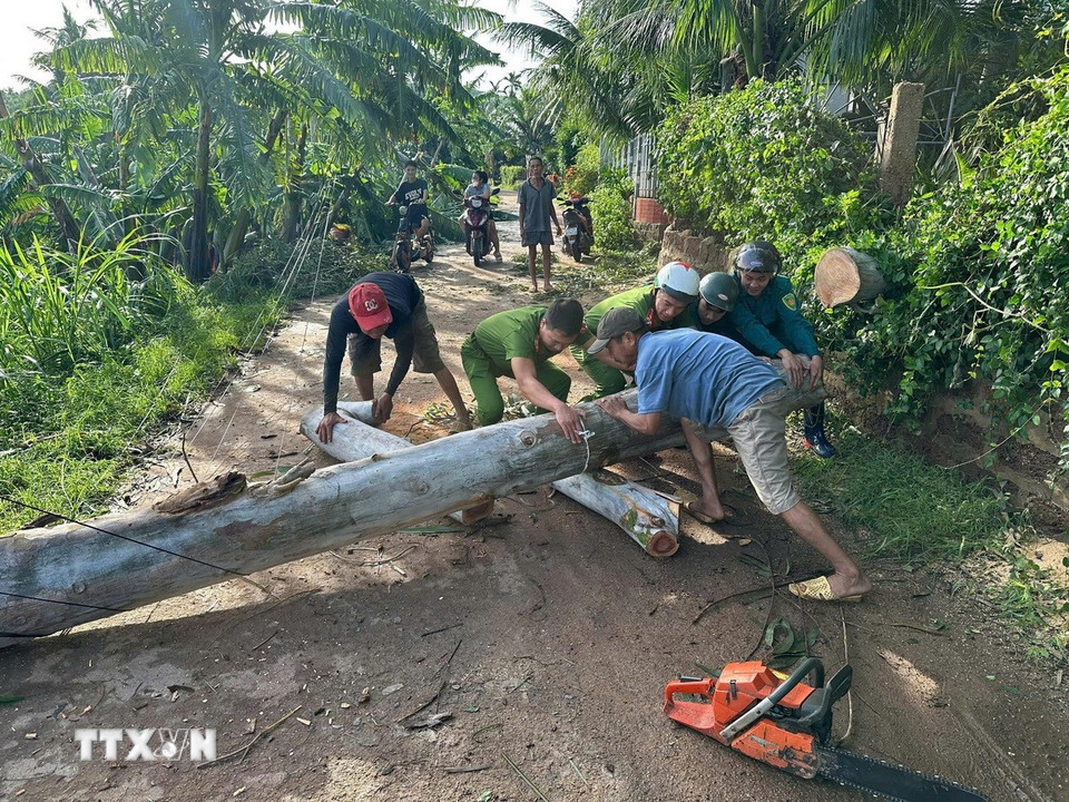 Lực lượng Công an tỉnh Gia Lai giúp người dân dọn dẹp trụ điện ngã đổ gây cản trở giao thông. (Ảnh: Sỹ Thắng/TTXVN)