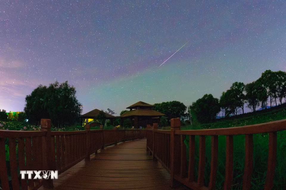 Mưa sao băng Perseid trên bầu trời tỉnh Hắc Long Giang, Trung Quốc, ngày 11/8/2026. (Ảnh: THX/TTXVN phát)