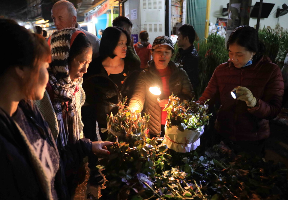 Các tiểu thương soi đèn kiểm tra chất lượng của hoa trước khi mua. (Ảnh: Nhật Anh/TTXVN)