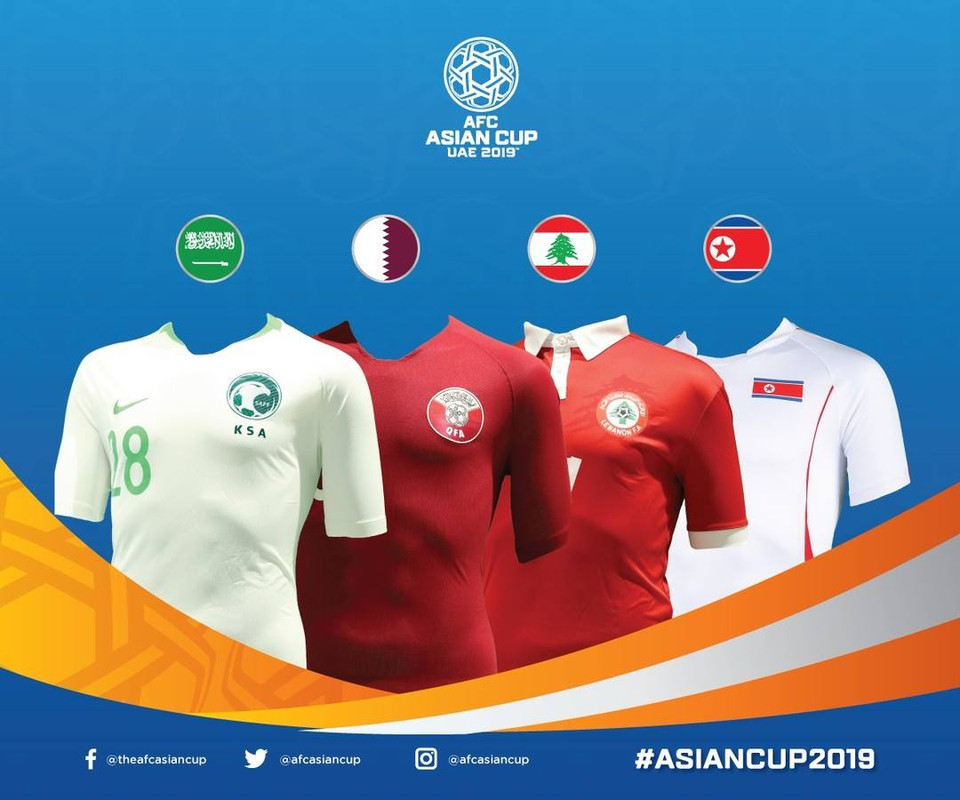 Áo đấu của các đội bảng E, lần lượt là Saudi Arabia, Qatar, Liban và Triều Tiên. (Nguồn: AFC)