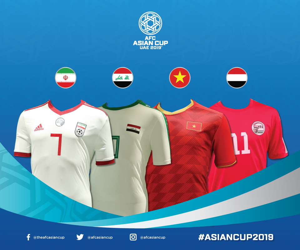 Áo đấu của các đội bảng D, lần lượt là Iran, Iraq, Việt Nam và Yemen. (Nguồn: AFC)