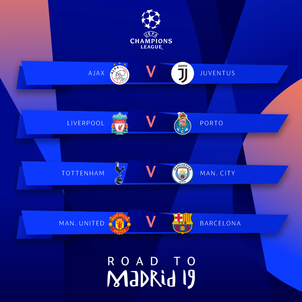 Tứ kết Champions League mùa này hứa hẹn sẽ hấp dẫn khi mà M.U phải chạm trán Barcelona, trong khi Tottenham gặp Man City ở "nội chiến," còn hai trận sẽ là Ajax đụng Juventus và Liverpool đấu Porto.