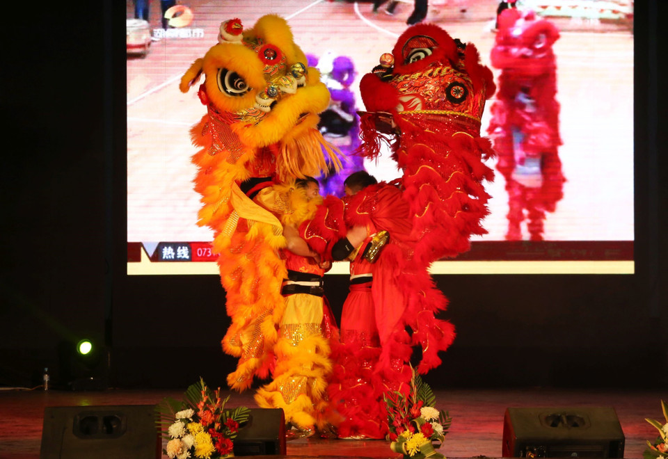 Các nghệ sỹ biểu diễn màn múa sư tử đón Tết Nguyên đán Kỷ Hợi tại Kathmandu, Nepal. (Ảnh: THX/TTXVN)