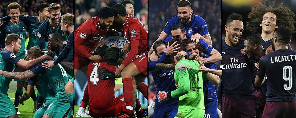 Liverpool, Tottenham, Chelsea và Arsenal đã giúp bóng đá Anh lập nên kỷ lục tại Cúp châu Âu khi góp mặt ở chung kết Champions League và Europa League.