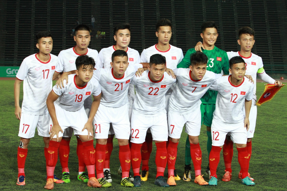 Đội hình ra sân của U22 Việt Nam. (Ảnh: Tuấn Cương/TTXVN)