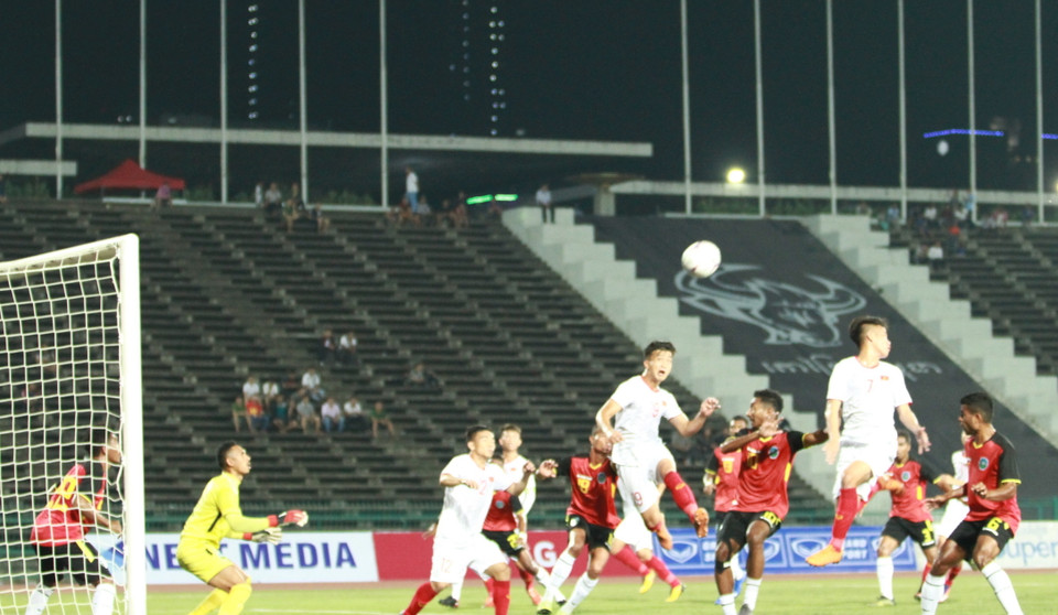 Tính huống tấn công của U22 Việt Nam. (Ảnh: Tuấn Cương/TTXVN)