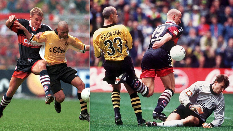 Cuộc chạm trán ngày 3/4/1999 đầy sóng gió. BVB đã dẫn trước 2-0 sau hiệp 1 nhờ cú đúp của Heiko Herrlich, nhưng Alexander Zickler (trái) và Carsten Jancker (phải) đã quân bình tỷ số 2-2 cho Bayern. Sammy Kuffour và Stefan Reuter đều nhận thẻ đỏ, khiến cả hai đội phải thi đấu với 10 người cho tới hết trận. (Nguồn: fcbayern.com)