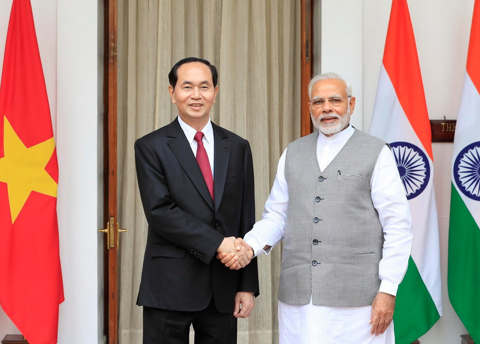 Chủ tịch nước Trần Đại Quang hội đàm với Thủ tướng Cộng hoà Ấn Độ Narendra Modi. (Ảnh: Nhan Sáng/TTXVN)