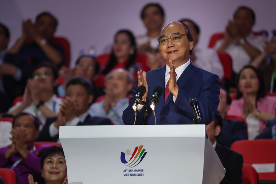 Chủ tịch nước Nguyễn Xuân Phúc tuyên bố khai mạc Sea Games 31. (Ảnh: Ngô Trần Hải An/Vietnam+)