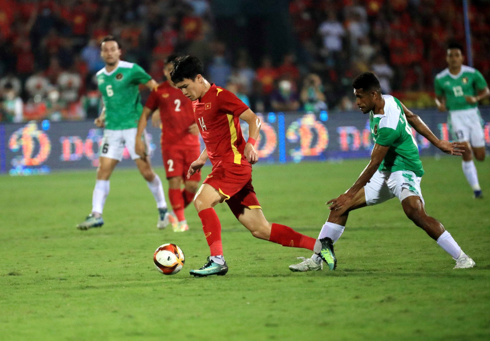 Trong hiệp 2, các cầu thủ U23 Việt Nam đã tạo ra sức ép về phía đối phương... (Ảnh: Trung Kiên/TTXVN)