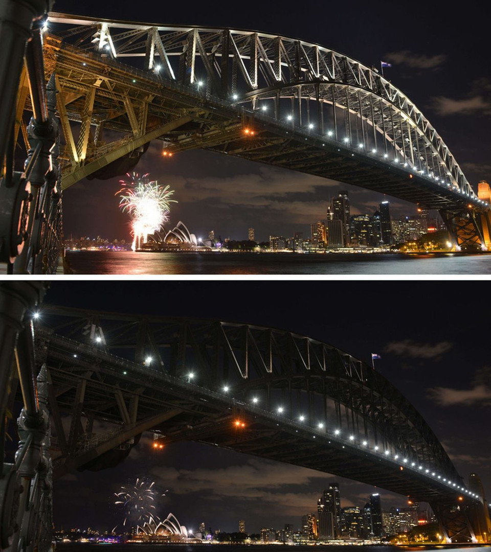  Cầu cảng và Nhà hát Opera Sydney chìm vào bóng tối sau khi pháo hoa khai màn Giờ Trái Đất. (Nguồn: AFP/Getty Images)
