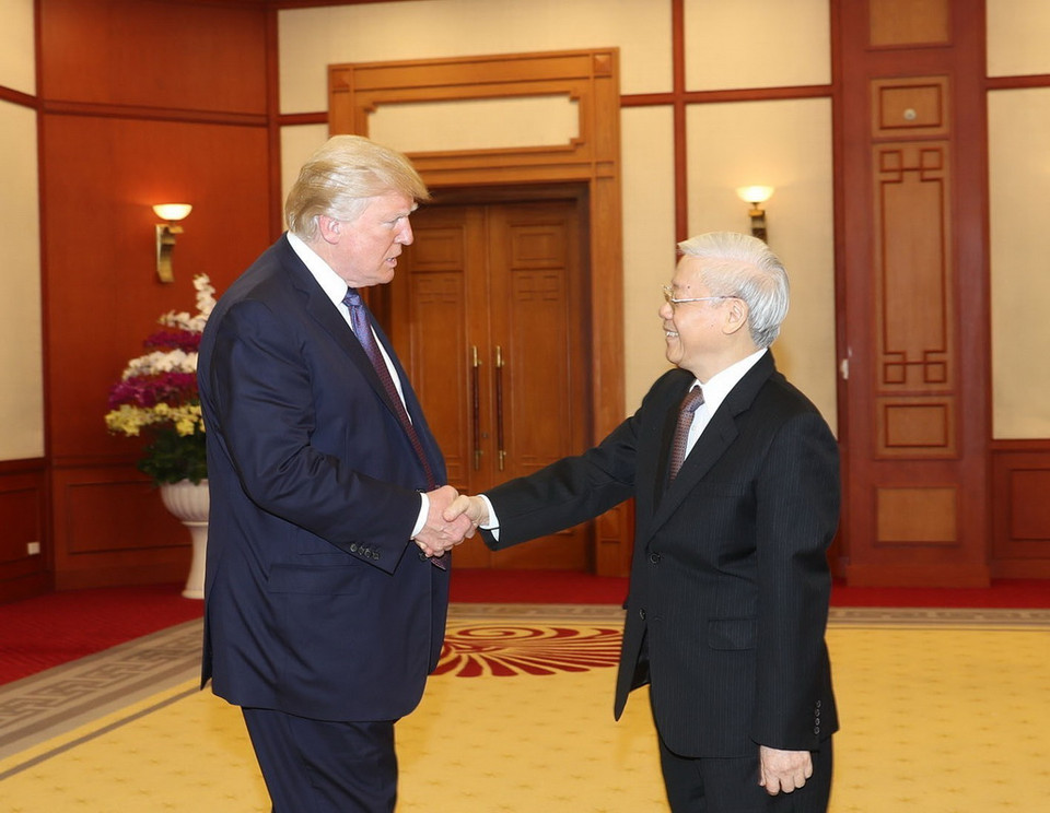 Sáng 12/11/2017, tại Trụ sở Trung ương Đảng, Tổng Bí thư Nguyễn Phú Trọng tiếp Tổng thống Hoa Kỳ Donald Trump thăm cấp Nhà nước tới Việt Nam. (Ảnh: Trí Dũng/TTXVN​)