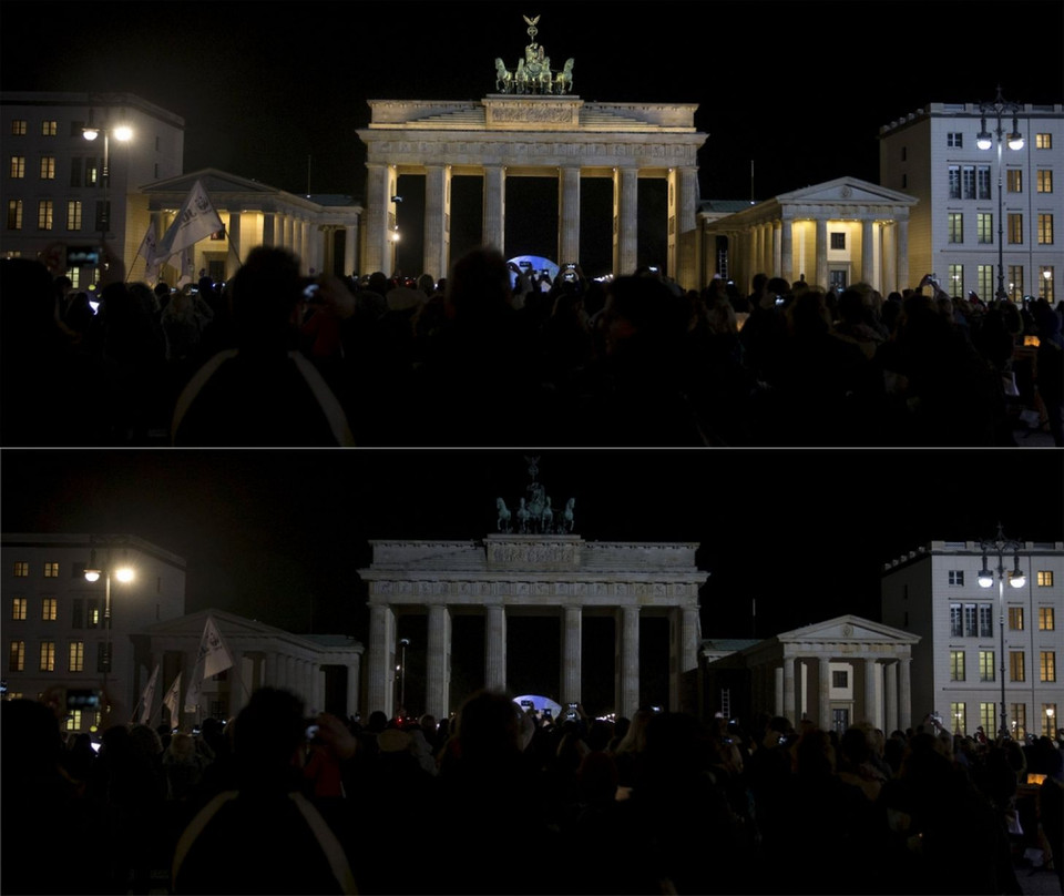 Cổng Brandenburger Tor trước và trong Giờ Trái Đất ở Berlin. (Nguồn: Reuters)