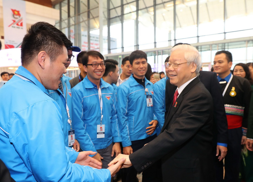 Tổng Bí thư Nguyễn Phú Trọng với các đại biểu dự Đại hội. (Ảnh: TTXVN)