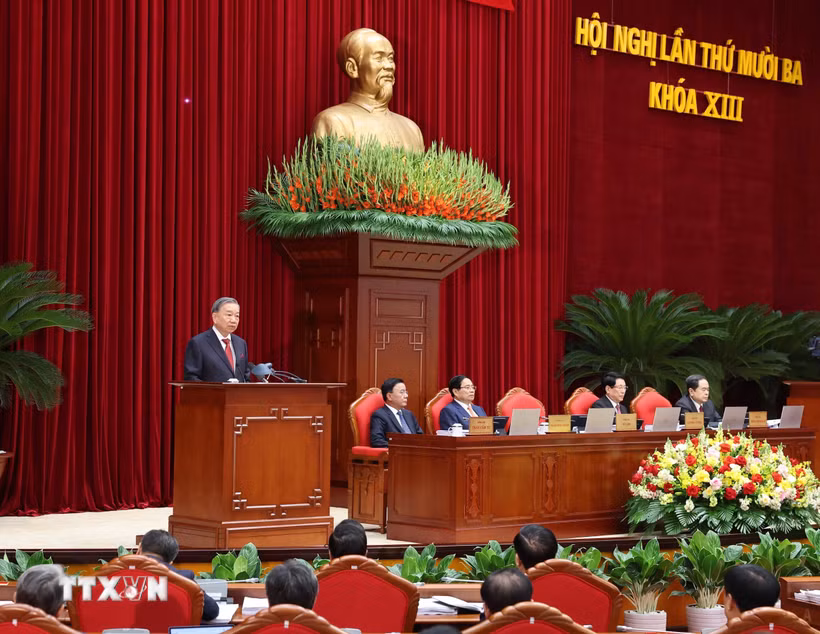 Tổng Bí thư Tô Lâm phát biểu khai mạc Hội nghị lần thứ mười ba, Ban Chấp hành Trung ương Đảng khóa XIII. (Ảnh: Thống Nhất/TTXVN)
