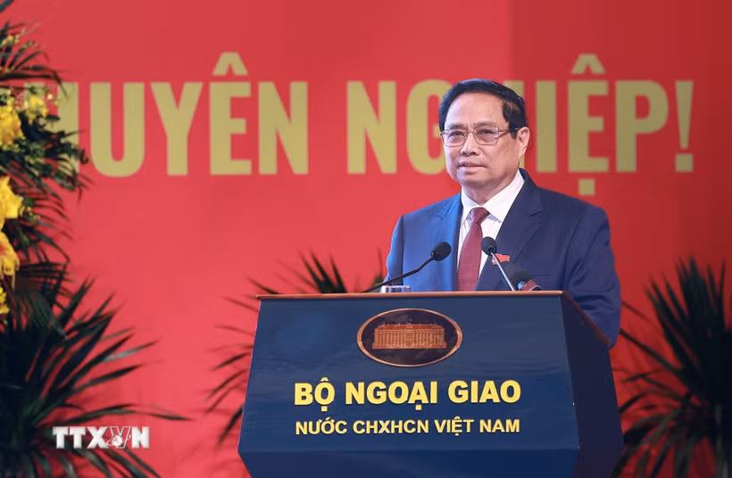 Thủ tướng Phạm Minh Chính phát biểu chỉ đạo tại Đại hội đại biểu Đảng bộ Bộ Ngoại giao lần thứ I, nhiệm kỳ 2025-2030. (Ảnh: Dương Giang/TTXVN)