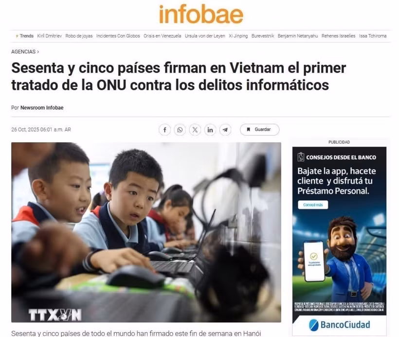 Ảnh chụp màn hình bài viết trên tờ Infobae của Argentina. (Ảnh: TTXVN phát)