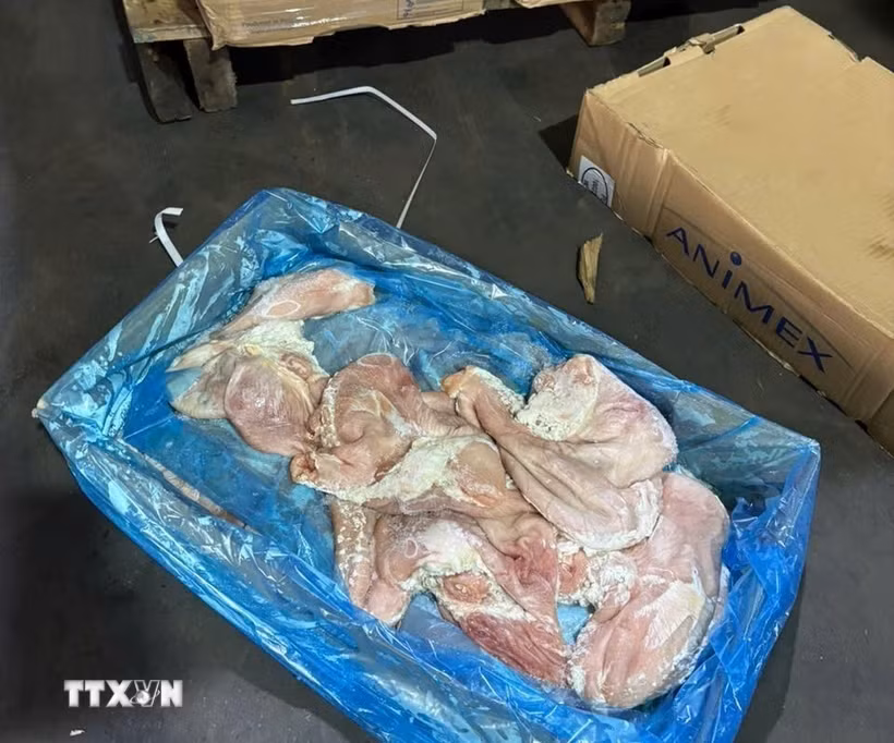 Thực phẩm không rõ nguồn gốc bị Công an phát hiện. (Ảnh: TTXVN phát)