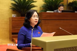 Chủ tịch Ủy ban Trung ương Mặt trận Tổ quốc Việt Nam Bùi Thị Minh Hoài báo cáo trước Quốc hội tổng hợp ý kiến, kiến nghị của cử tri và nhân dân gửi đến Kỳ họp. (Ảnh: TTXVN)